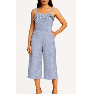 Violet Weekend Striped Blue and White Jumpsuit with Ruffle Detail Size 12